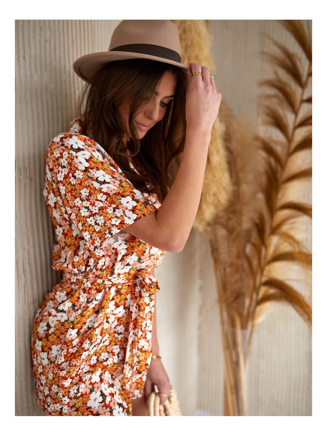 Summer floral jumpsuit with a collar, orange and cream 03510 - Online store - Boutique